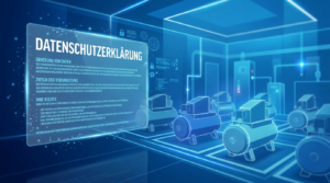 Digital factory with a German Datenschutzerklärung panel and automated machines