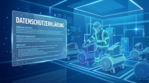 Digital factory with a German Datenschutzerklärung panel and automated machines
