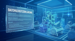 Digital factory with a German Datenschutzerklärung panel and automated machines