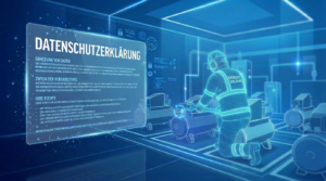 Digital factory with a German Datenschutzerklärung panel and automated machines